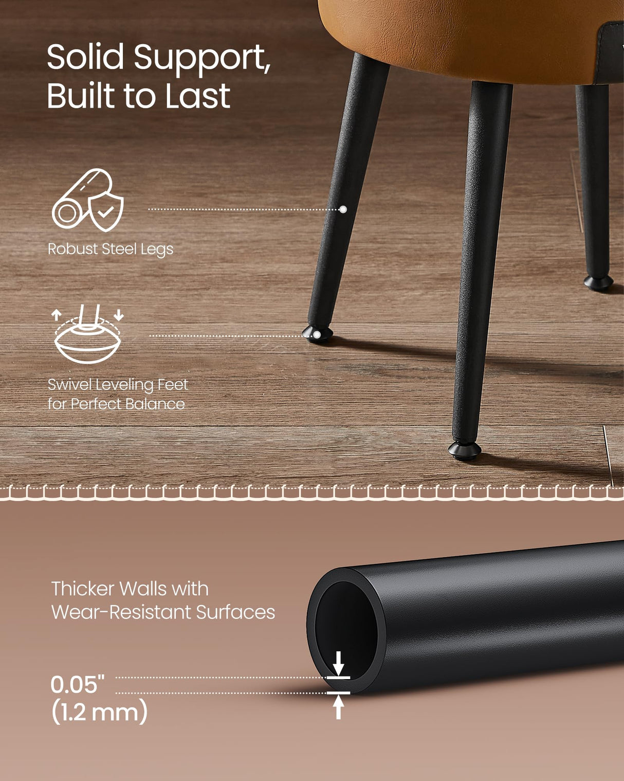 VASAGLE EKHO Collection - Storage Ottoman, Vanity Chair Stool, Synthetic Leather with Stitching, Mid-Century Modern, Round Storage Seat with Steel Legs, Loads 330 lb, Caramel Brown ULOM005K01 VASAGLE