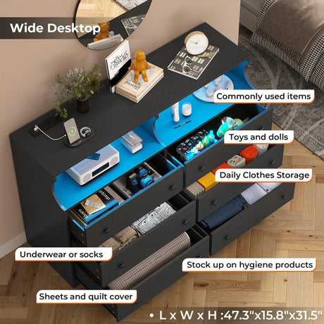 Hasuit 6 Drawer Dresser with LED Lights and Charging Station, Wide Chest of 6 Drawers with Open Space, Modern Large Capacity Storage Cabinet, Black Dresser for Bedroom, Living Room, Hallway Hasuit