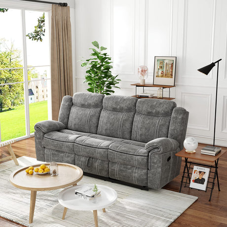 Acme Furniture Zubaida 41" x 87" Modern Velvet Reclining Sofa with USB Dock, 1 Storage Drawer, Tight Back & Seat Cushion, in 2-Tone Gray Finish Acme