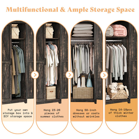 AMERLIFE Farmhouse Armoire Wardrobe Closet with 2 Barn Doors, 71'' Storage Cabinet with Hanging Rod & Shelf, Versatile Clothing Storage for Bedroom, Black Walnut AMERLIFE