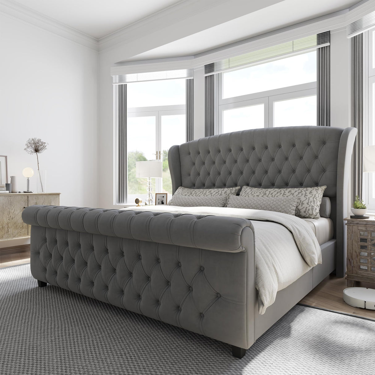 AMERLIFE King Size Platform Bed Frame, Velvet Upholstered Sleigh Bed with Scroll Wingback Headboard & Footboard/Button Tufted/No Box Spring Required/Grey AMERLIFE