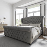 AMERLIFE King Size Platform Bed Frame, Velvet Upholstered Sleigh Bed with Scroll Wingback Headboard & Footboard/Button Tufted/No Box Spring Required/Grey AMERLIFE