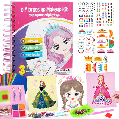 Tudaymol 4-in-1 Art & Craft Activity – DIY Dress Up Stickers, Makeup Kit, Foil & Gems Art, Creative Princess Fun, Costume Ideas & Accessories, Travel Toy, Gifts for Girls Ages 4-8-12