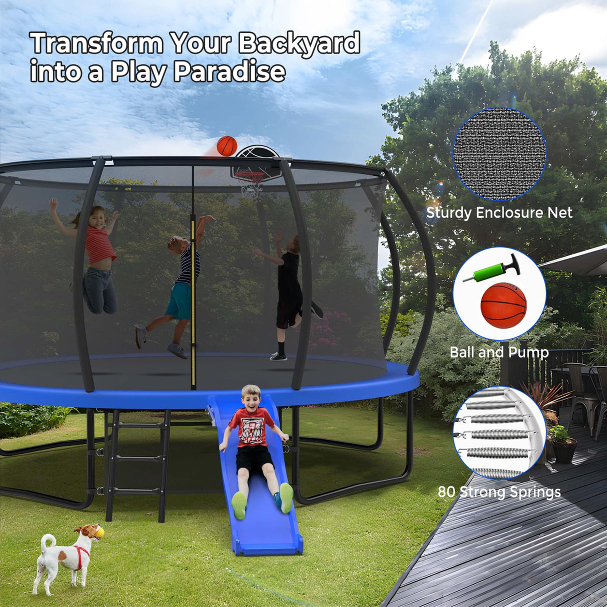 Lyromix Trampoline Outdoor with Slide, 14FT Outdoor Trampoline with Basketball Hoop, Recreational Trampolines with Enclosure Net & Ladder for Kids and Adults, Acid Blue Lyromix