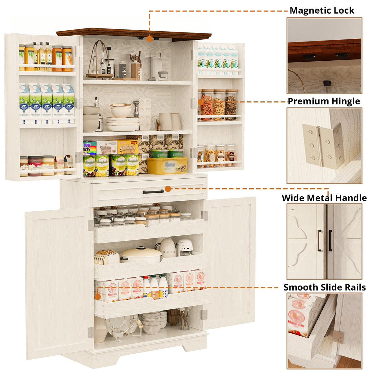 IRONCK Farmhouse Kitchen Pantry Cabinet, 72" Height Tall Freestanding Cupboard with Sliding Storage Rack and 6 Hanging Shelves for Kitchen, Dining Room, White IRONCK