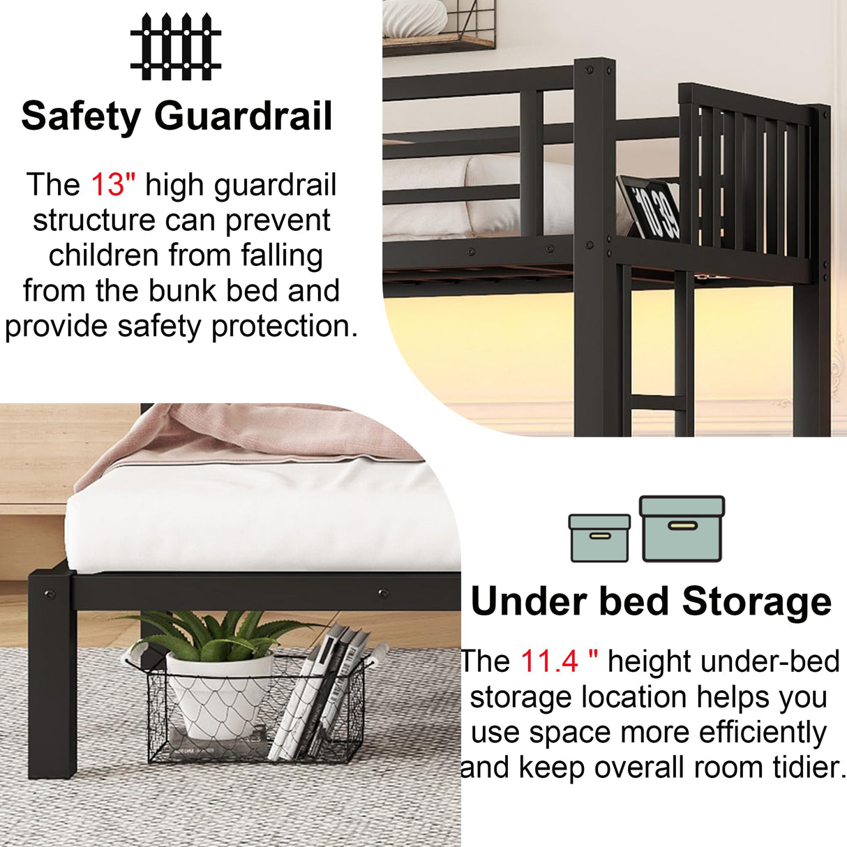 Triple Bunk Bed for Kids with LED Light ,Metal Heavy Duty 3 Bunk Beds with Charge Station & Storage Shelf, Convertible Three Bunk Beds for Girls Boys Teens,Can be Separated into 3 Beds , Black MoproBeti