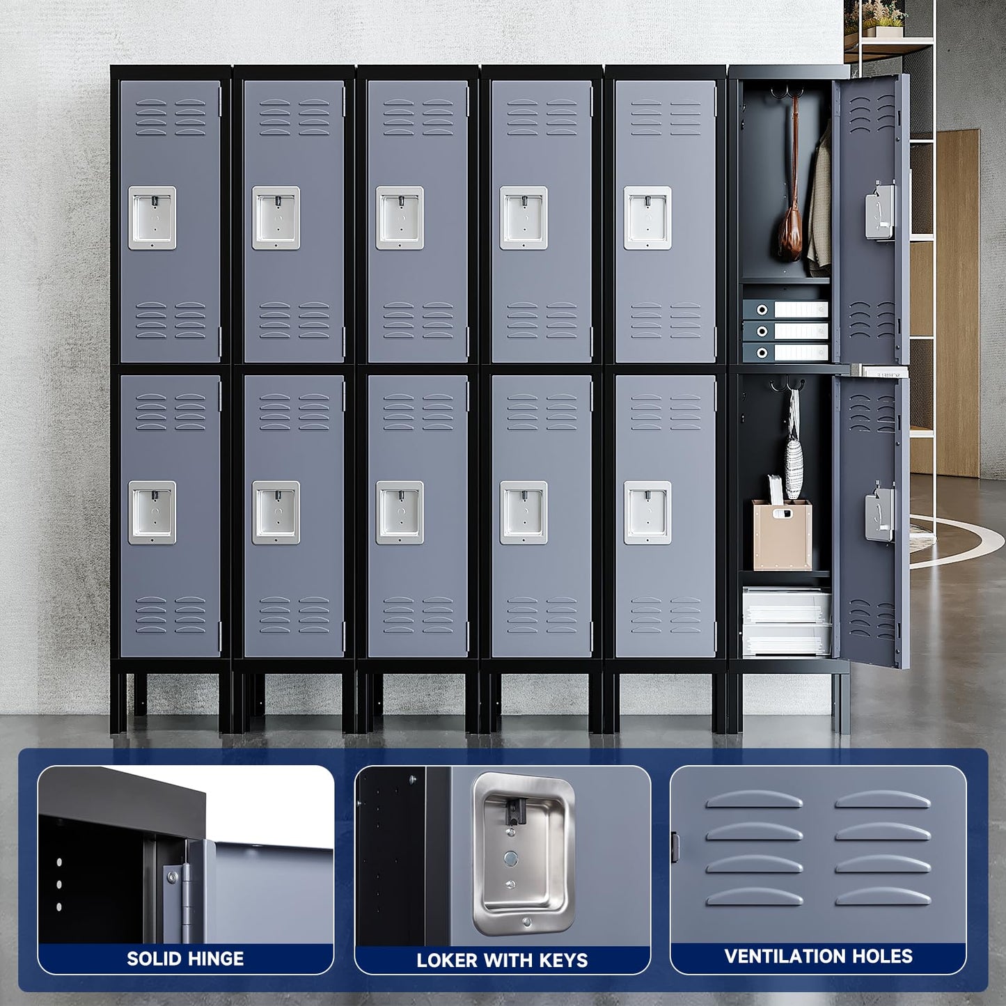 Yizosh Metal Lockers for Employees with Lock, Employees Locker Storage Cabinet with 2 Doors, Tall Steel Storage Locker for Gym, School, Office (Gray Black, 2 Door) - WoodArtSupply