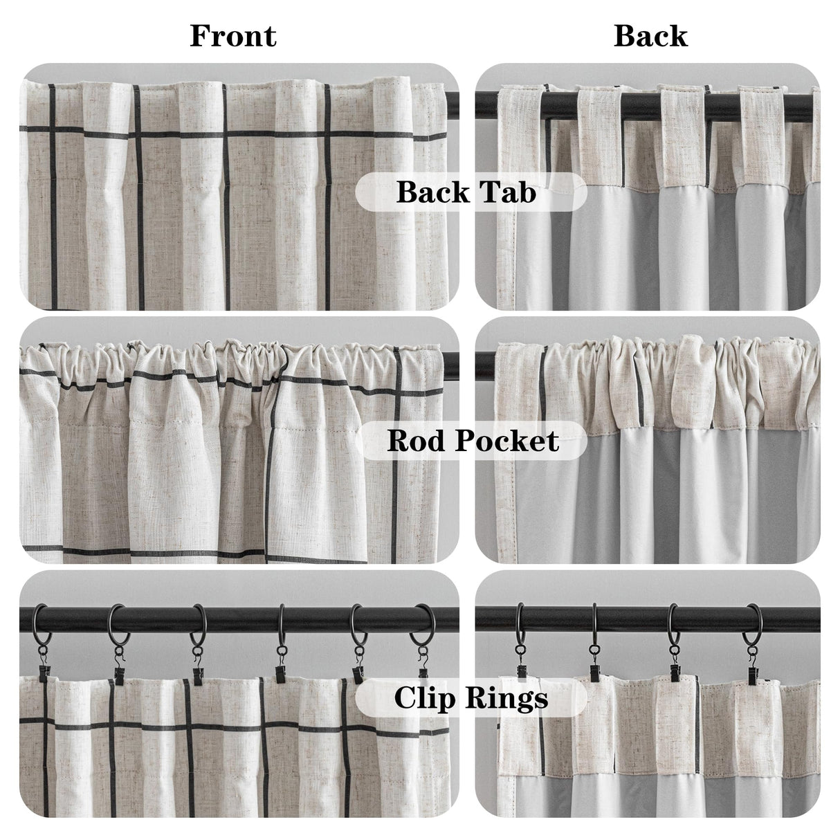 MYSKY HOME 100% Blackout Plaid Farmhouse Linen Curtains 84 Inch Long for Living Room Double Layer Windowpane Drapes Thermal Insulated Privacy Protection Rod Pocket Back Tab, 52" W, Black, 1 Panel MYSKY HOME