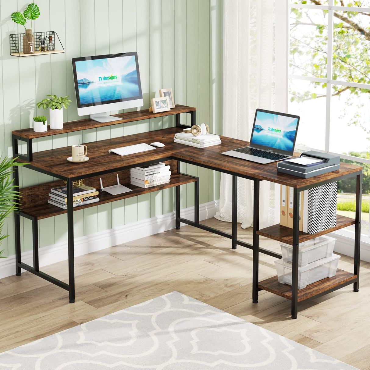 Tribesigns L Shaped Desk with Shelves, 59" Large Corner Computer Desk with Monitor Shelf, Reversible Home Office Desk with Bookshelf and Metal Frame, Two Person Desk, Rustic Brown Tribesigns