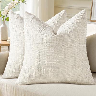 decorUhome Christmas Cream White Chenille Throw Pillow Covers 18x18 Set of 2 Thick Textured Slubby Couch Pillow Covers Farmhouse Accent Modern Neutral Decorative Pillow Cases for Bed Sofa Living Room