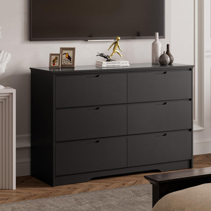 6 Drawers Black Dresser for Bedroom, Wood Large Double Dresser with Hidden Handles, Modern Dressers & Chests of Deep Drawers for Hallyway, Entryway