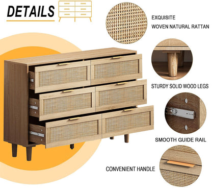 6 Drawer Double Dresser for Bedroom,Natural Rattan Modern Drawer Chest,Wooden Storage Wardrobe Dresser with Gold Handles,Floor Standing Storage Cabinet, for Entrance,Living Room,Hallway-Natural