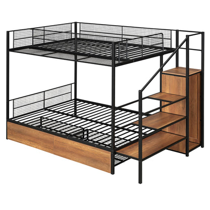 Twin Over Full Metal Bunk Bed with Stairs, Wardrobe and Storage Drawers and Shelves, Modern Style Heavy-Duty Steel Frame Bunk Bed with Safety Rail, for Bedroom, Dorm, Black