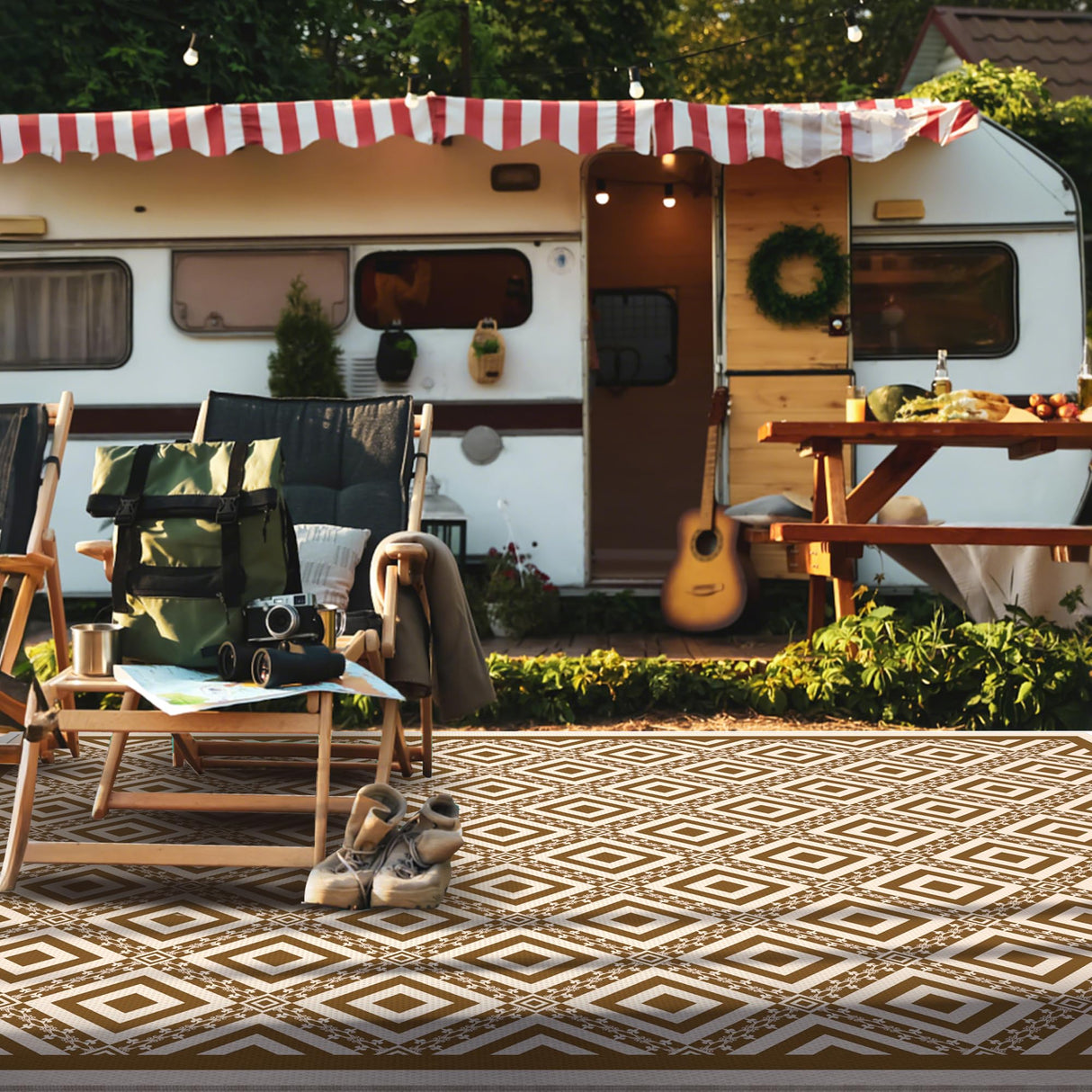 RV Outdoor Rug with Lights 8x10ft, Outdoor Camping Rug, Waterproof, Easy Cleaning, Non Shedding, Foldable and Portable, Reversible Mats for RV, Deck, Beach, Camping, Patio, Picnic (Brown & White) Pafolo
