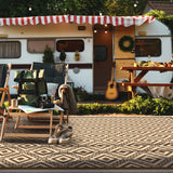 RV Outdoor Rug with Lights 8x10ft, Outdoor Camping Rug, Waterproof, Easy Cleaning, Non Shedding, Foldable and Portable, Reversible Mats for RV, Deck, Beach, Camping, Patio, Picnic (Brown & White) Pafolo