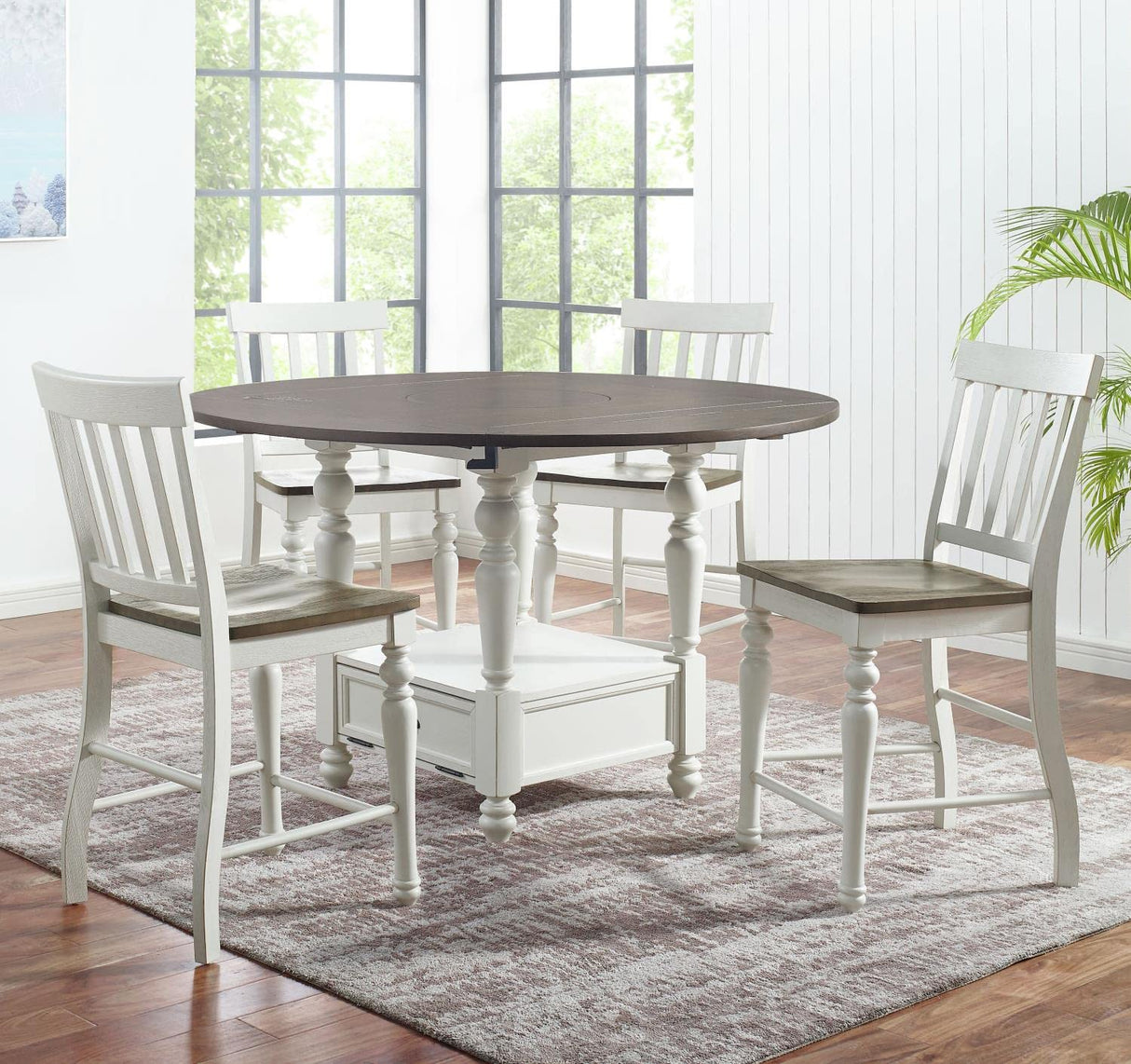 Steve Silver Furniture Joanna 9pc Round Counter Dining Set, Built-In Lazy, Drop Leaf Top, Susan, Farmhouse Design, 42" Round Table Top w/ 8 Counter Chairs, Dining Room, 42"L x 42"W x 36.25"H, White Steve Silver