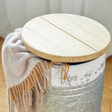 glitzhome Rustic End Table Set of 2, Farmhouse Galvanized Metal Barrel Ottoman Storage Stool with Round Wood Lid for Living Room Furniture, Distressed White glitzhome