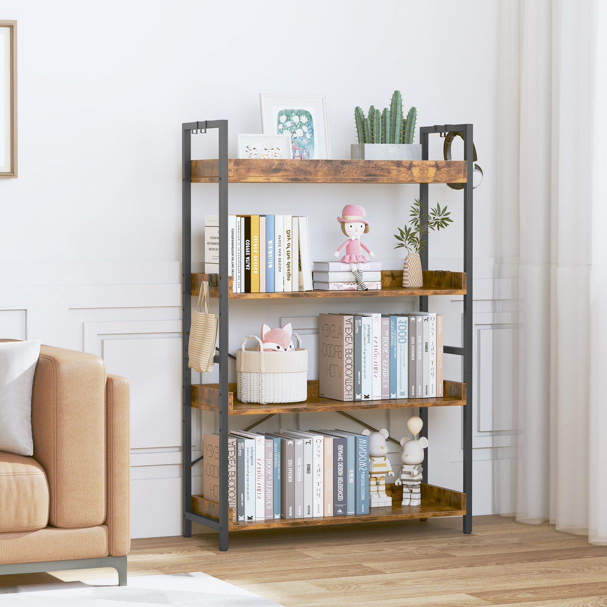 HCHQHS 4 Tier Bookshelf, Adjustable Industrial Bookcase, Vertical Tall Book Shelf, Wood and Black Metal Open Bookshelves for Home Office, Living Room, Bedroom HCHQHS