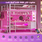 DICTAC Full Over Twin Size Bunk Bed with Desk and Led Lights Metal Loft Bed Frame with Charging Station,Storage Shelves and Drawers for Teen & Adults,Safety Guard & Ladder,No Box Spring Needed,White DICTAC