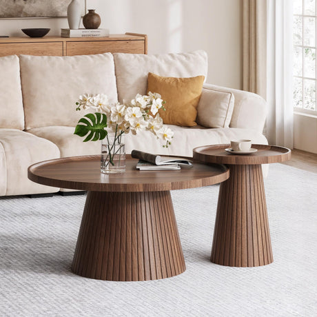win2win Nesting Coffee Table Set of 2, Mid Century Modern Coffee Table with Wood Grain Veneer, Fluted Round Tea Table and End Table Set, Minimalist Center Tables for Living Room, Office, Walnut win2win