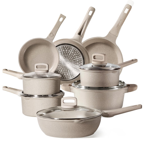 CAROTE 13pcs Taupe Kitchen Pots and Pans Set non stick, Nonstick Cookware Set, Frying pans, Kitchen Essentials, Large Capacity, Induction avaialable CAROTE