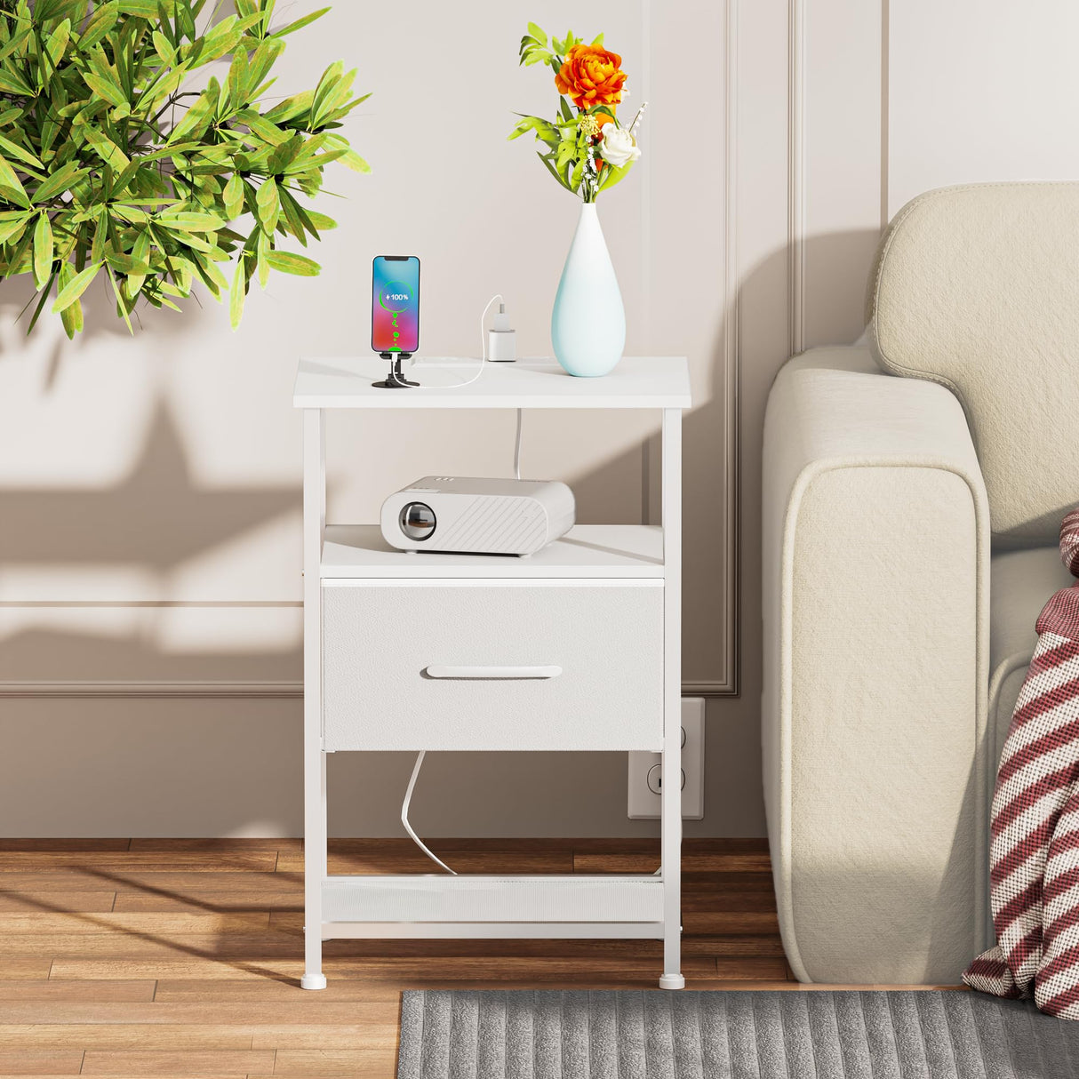 LAKEMID Nightstands Set of 2 with Fast Charging Station and Drawer, End Table Bedside Table with 20 Colors LED Light Strip and 2 Layers Shelf for Bedroom Living Room Sofa Couch (White) LAKEMID