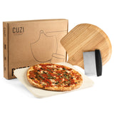Cuzi Gourmet 3-Piece Pizza Stone Set - 15x12" Thermal Shock Resistant Cordierite Pizza Stone, 15x12" Natural Wood Pizza Peel & Pizza Cutter - Pizza Stone for Grill and Oven Cuzi Gourmet