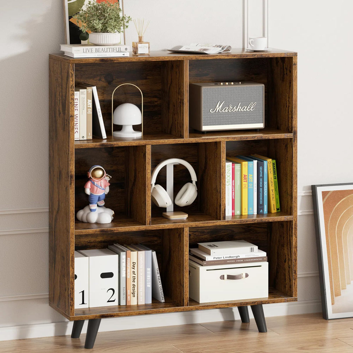 Vongrasig 7 Cube Bookshelf, 3 Tier Mid-Century Modern Bookcase with Legs, Wooden Bookshelf Storage Organizer Display Bookcase for Bedroom, Living Room, Office, Rustic Brown Vongrasig