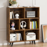 Vongrasig 7 Cube Bookshelf, 3 Tier Mid-Century Modern Bookcase with Legs, Wooden Bookshelf Storage Organizer Display Bookcase for Bedroom, Living Room, Office, Rustic Brown Vongrasig