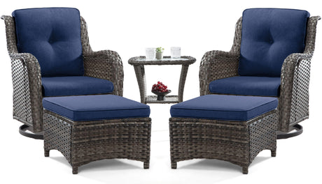 Joyside 5 Piece Outdoor Patio Furniture Set Wicker Conversation Bistro Set Swivel Rocking Chairs with Side Table and Ottomans for Backyard, Porch, Deck(Mixed Grey/Blue) Joyside