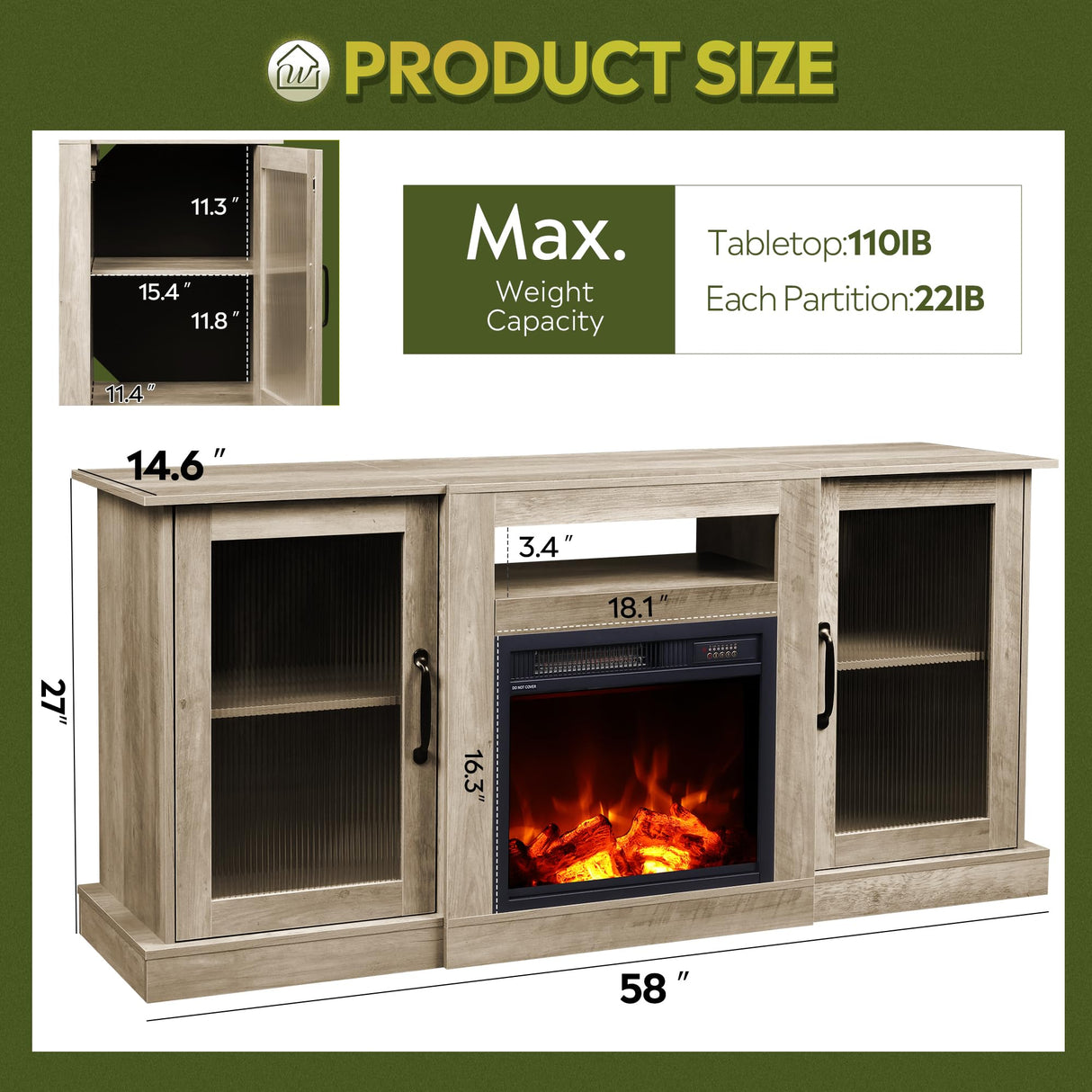 WLIVE Fireplace TV Stand for 65" TV, Entertainment Center with 18 Inch Electric Fireplace, TV Console with Open Shelves for Living Room and Bedroom, Greige WLIVE