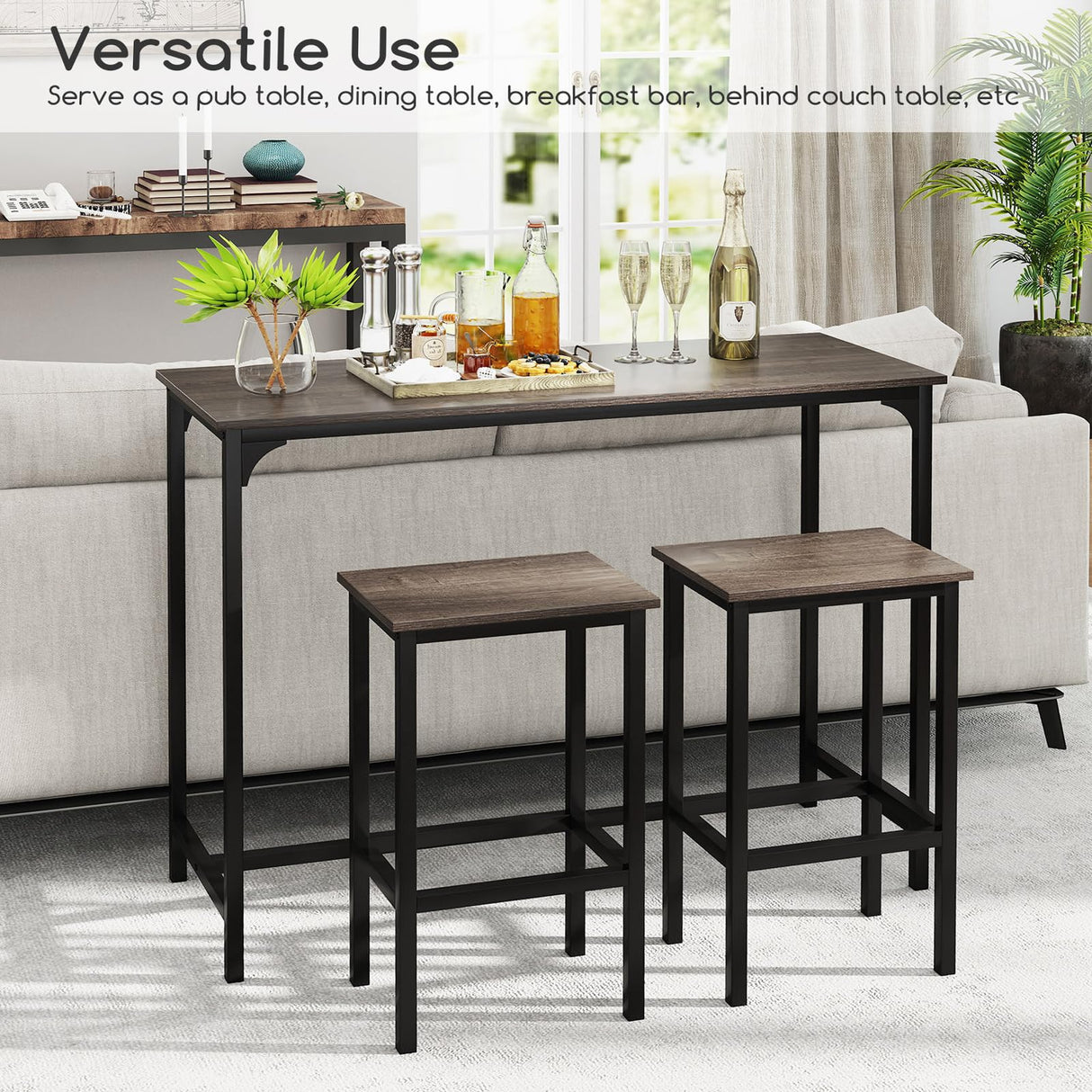 COSTWAY 3-Piece Dining Table Set, 47.5" Industrial Counter-Height Kitchen Table and 2 Bar Stools, High Top Rectangular Pub Table and Chairs for Dining Room Small Place Breakfast Nook Bistro (Grey) COSTWAY