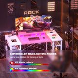 armocity Computer Desk with LED Lights, 55 Inch Desk with Power Outlet and USB, Reversible Large Desk with Moveable Monitor Stand, 55.2'' Gaming PC Table for Home Office, Workstation, Pink and White armocity