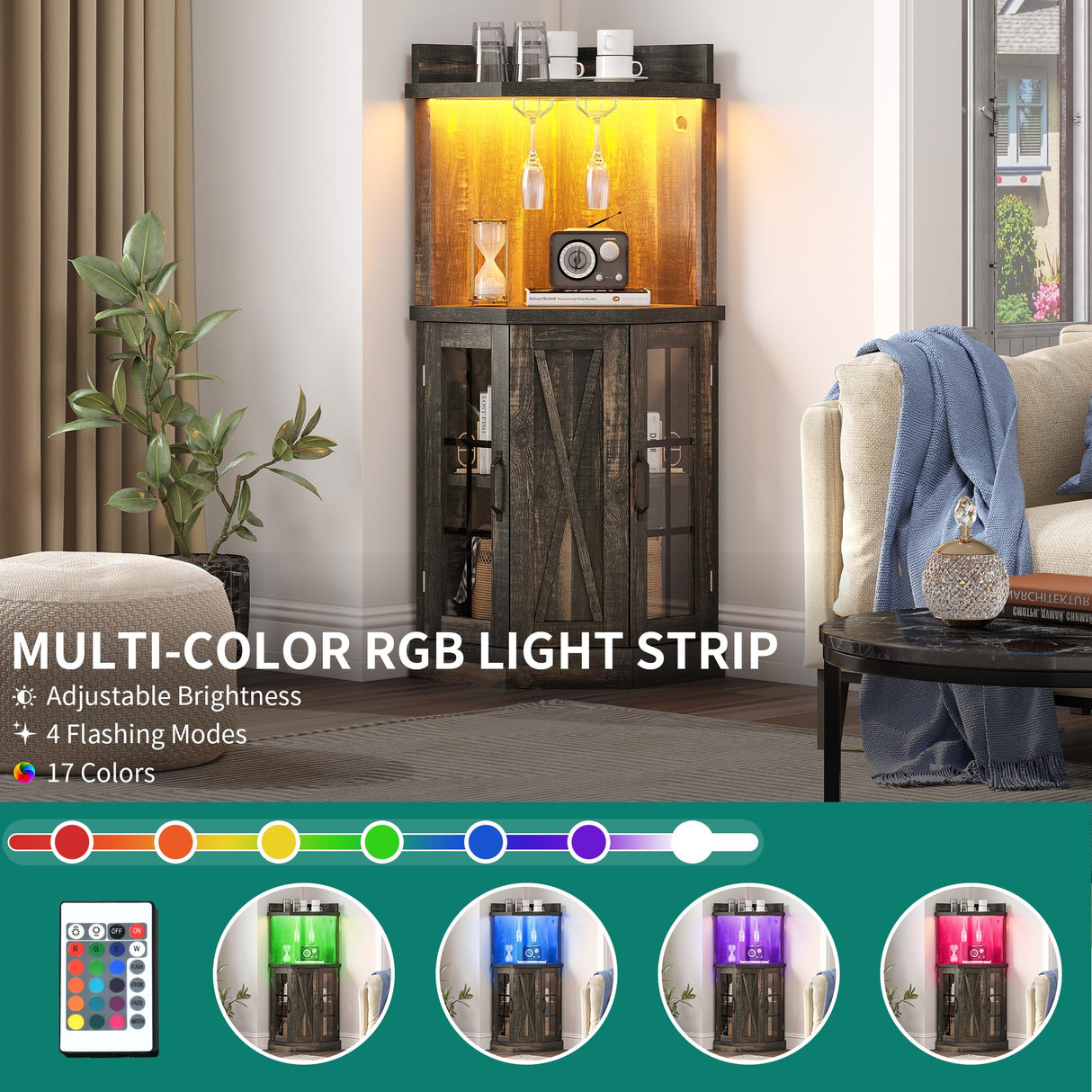 YITAHOME 53" Farmhouse Corner Wine Bar Cabinet 4-Tiers Liquor Cabinets with LED Lights and Glass Door and Glass Holder for Home Kitchen and Living Room, Dark Rustic Oak YITAHOME