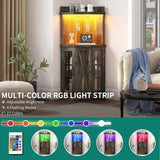 YITAHOME 53" Farmhouse Corner Wine Bar Cabinet 4-Tiers Liquor Cabinets with LED Lights and Glass Door and Glass Holder for Home Kitchen and Living Room, Dark Rustic Oak YITAHOME