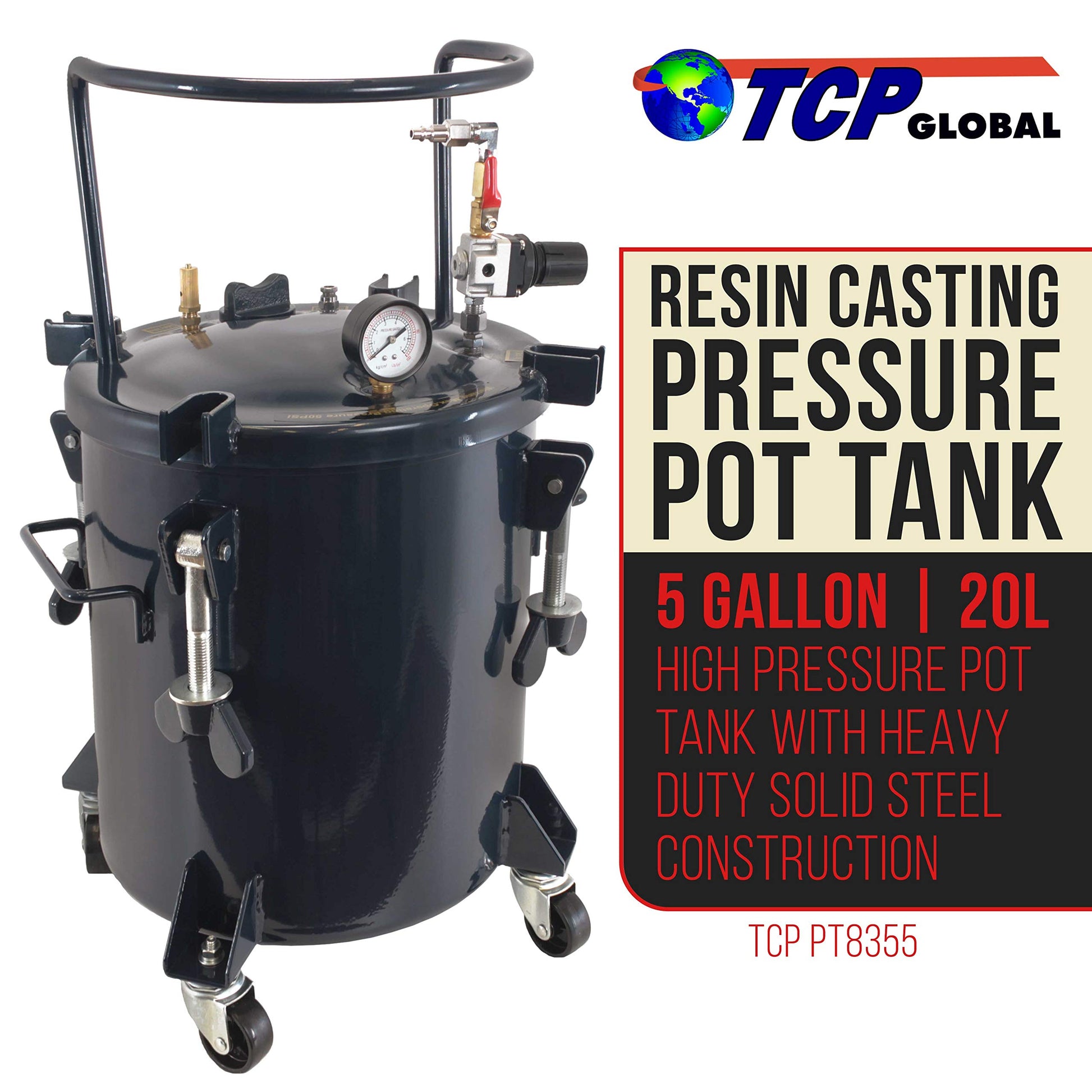 TCP Global 5 Gallon (20 Liters) Pressure Pot Tank for Resin Casting - Heavy Duty Powder Coated Pot with Air Tight Clamp On Lid, Caster Wheels, Regulator, Gauge - Use for Curing Resin in Casti - WoodArtSupply