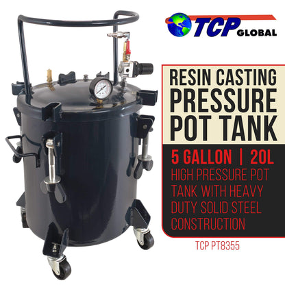 TCP Global 5 Gallon (20 Liters) Pressure Pot Tank for Resin Casting - Heavy Duty Powder Coated Pot with Air Tight Clamp On Lid, Caster Wheels, Regulator, Gauge - Use for Curing Resin in Casti - WoodArtSupply