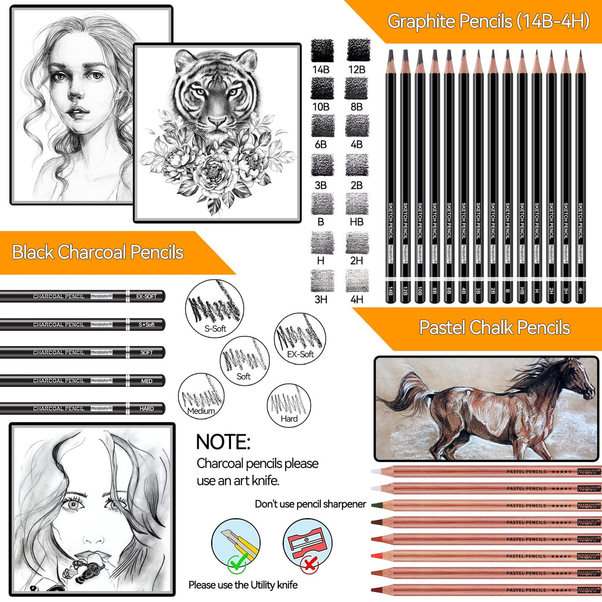 PANDAFLY Drawing Sketching Pencil Set, 42 Pack Pro Art Pencil Kit with Graphite Pencils (14B-4H), Charcoal Pencil, Ideal for Shading, Blending, Drawing Set for Beginners & Pro Artists PANDAFLY