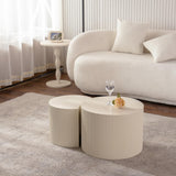 Round Nesting Coffee Table Set of 2, Modern Handcraft Wood Fluted Drum Circle Side Table Small Minimalist Unique Tea End Table for Living Room, No Assembly Required, 27.56" &19.69", Crescent Beige SLEERWAY