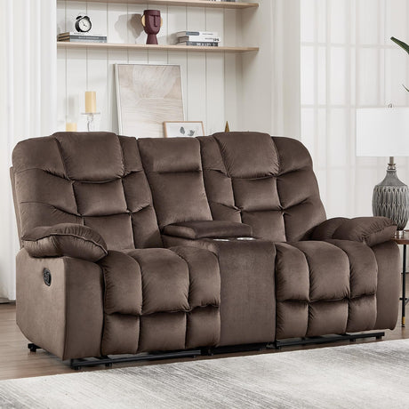 HAOMARKETS Manual Reclining Loveseat Sofa for Living Room, 77" Wide Overstuffed 2-Seater Recliner Couch with Cup Holders & Storage Console, Breathable Fabric, Brown HAOMARKETS