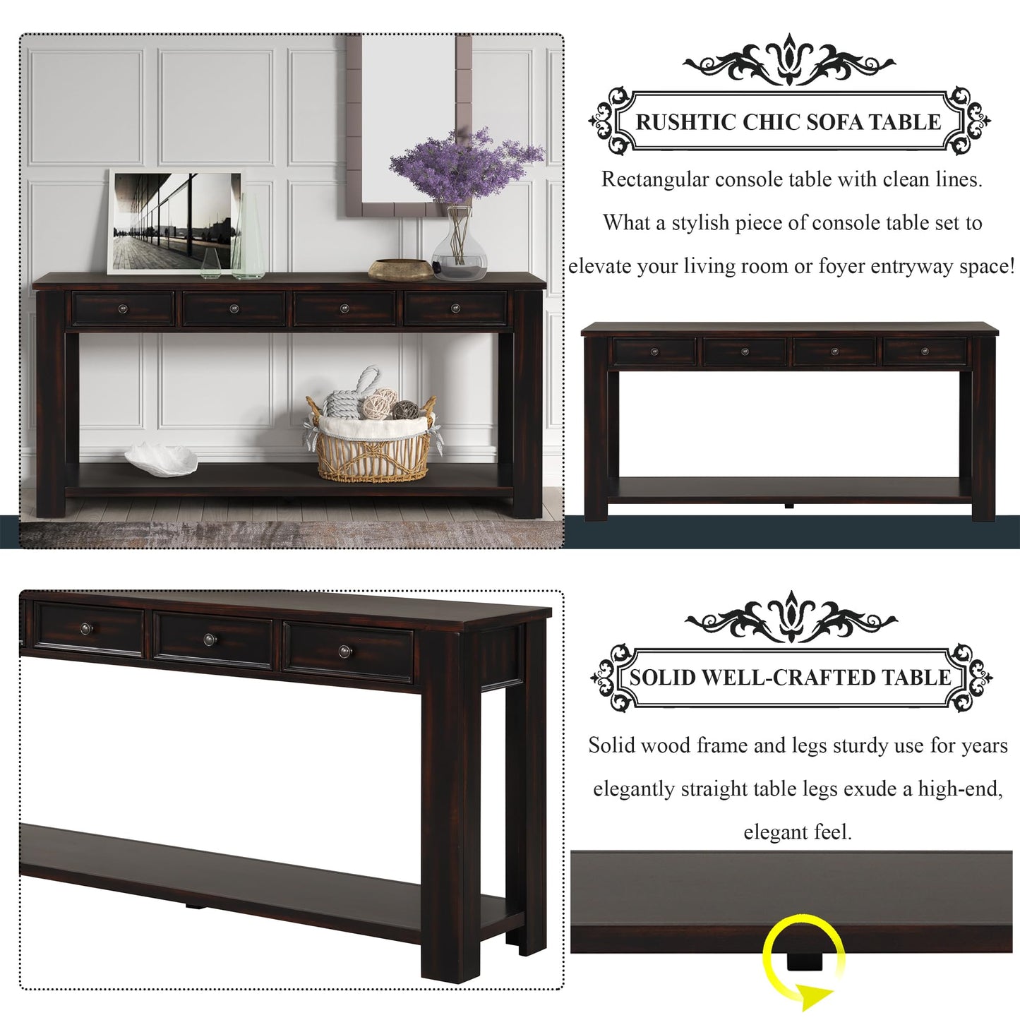 LKTART Solid Wood Console Table 63 in Sofa Table with Storage Drawers and Bottom Shelf Farmhouse Entryway Table for Hallway Foyer Sofa Couch Table