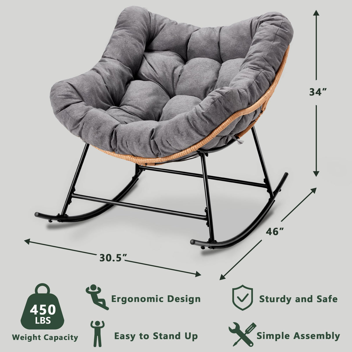 Halituny Outdoor Rocking Chair with Thick Cushion, Comfy Rattan Rocker Egg Chair Indoor with Straps, Patio Rocking Chair 450lbs for Garden, Balcony, Lawn, Backyard, Living Room, Bedroom, Dark Gray Halituny
