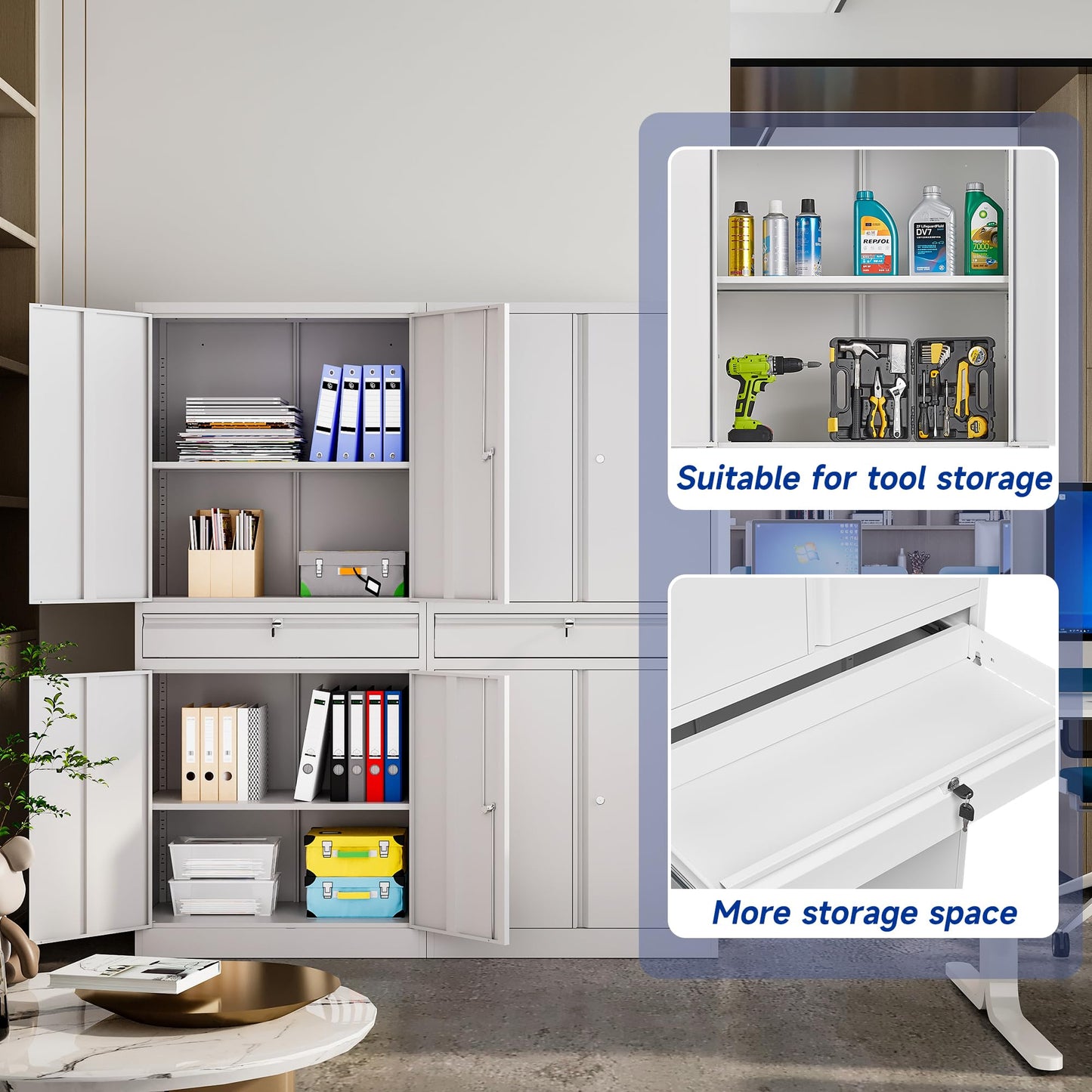 NODHM Inches Metal Storage Cabinet with Wheels, 72" Garage Storage Cabinet with Locking Draw and Adjustable Shelf, Tool Storage Cabinet for Garage, Home, Office, Gym, School (White, No Wheel) - WoodArtSupply