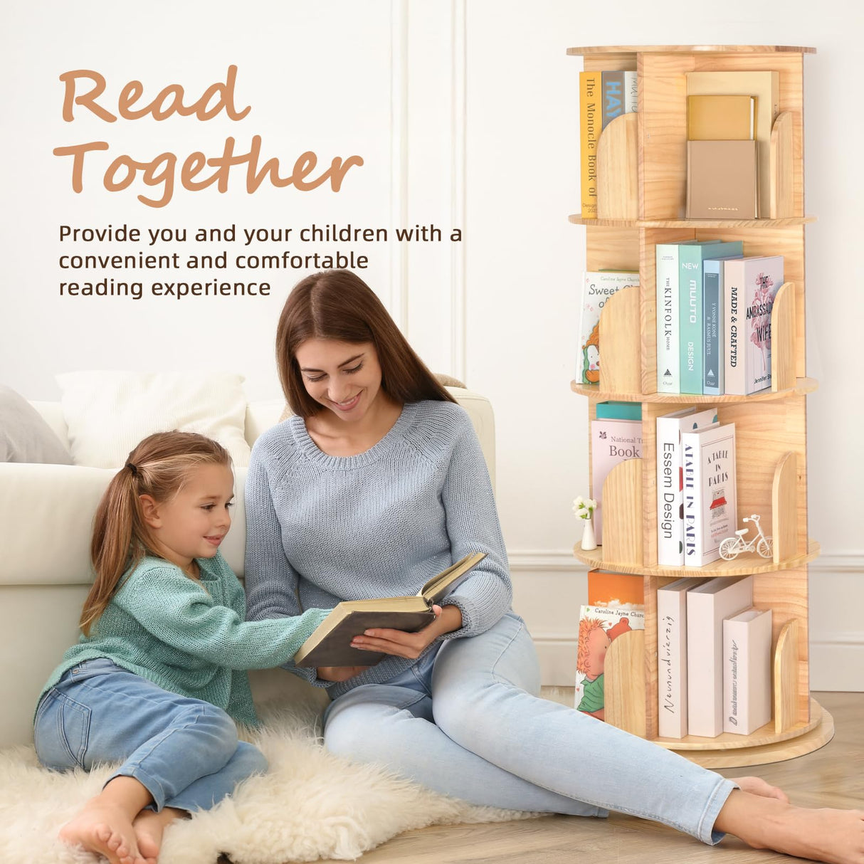 OOOK Rotating Bookshelf for Kids & Adults, 4-Tier 360° Spinning Solid Wood Book Organizer, Space-Saving Floor Standing Bookcase for Study Room, Bedroom, Living Room, Office OOOK