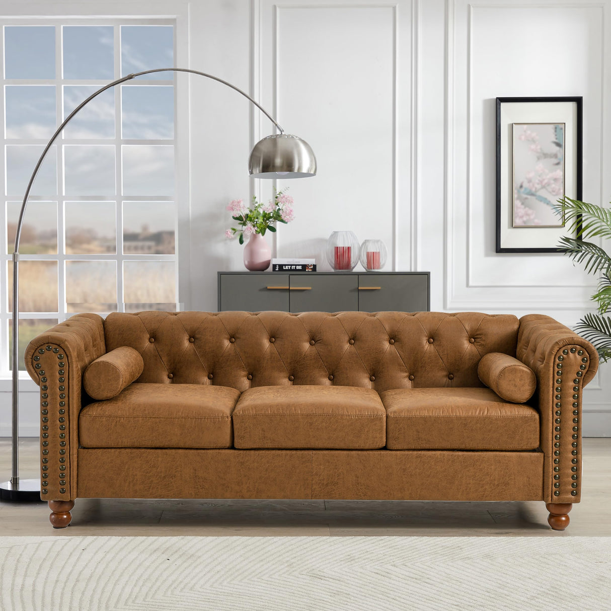 Asucoora Air Leather Tufted Sofa Couch for Living Room, Rolled Arm 3-Seater Sofa Couch with Nailhead Trim and 2 Neck Roll Pillows, Small Apartment Chesterfield Sofa Asucoora