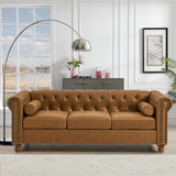Asucoora Air Leather Tufted Sofa Couch for Living Room, Rolled Arm 3-Seater Sofa Couch with Nailhead Trim and 2 Neck Roll Pillows, Small Apartment Chesterfield Sofa Asucoora