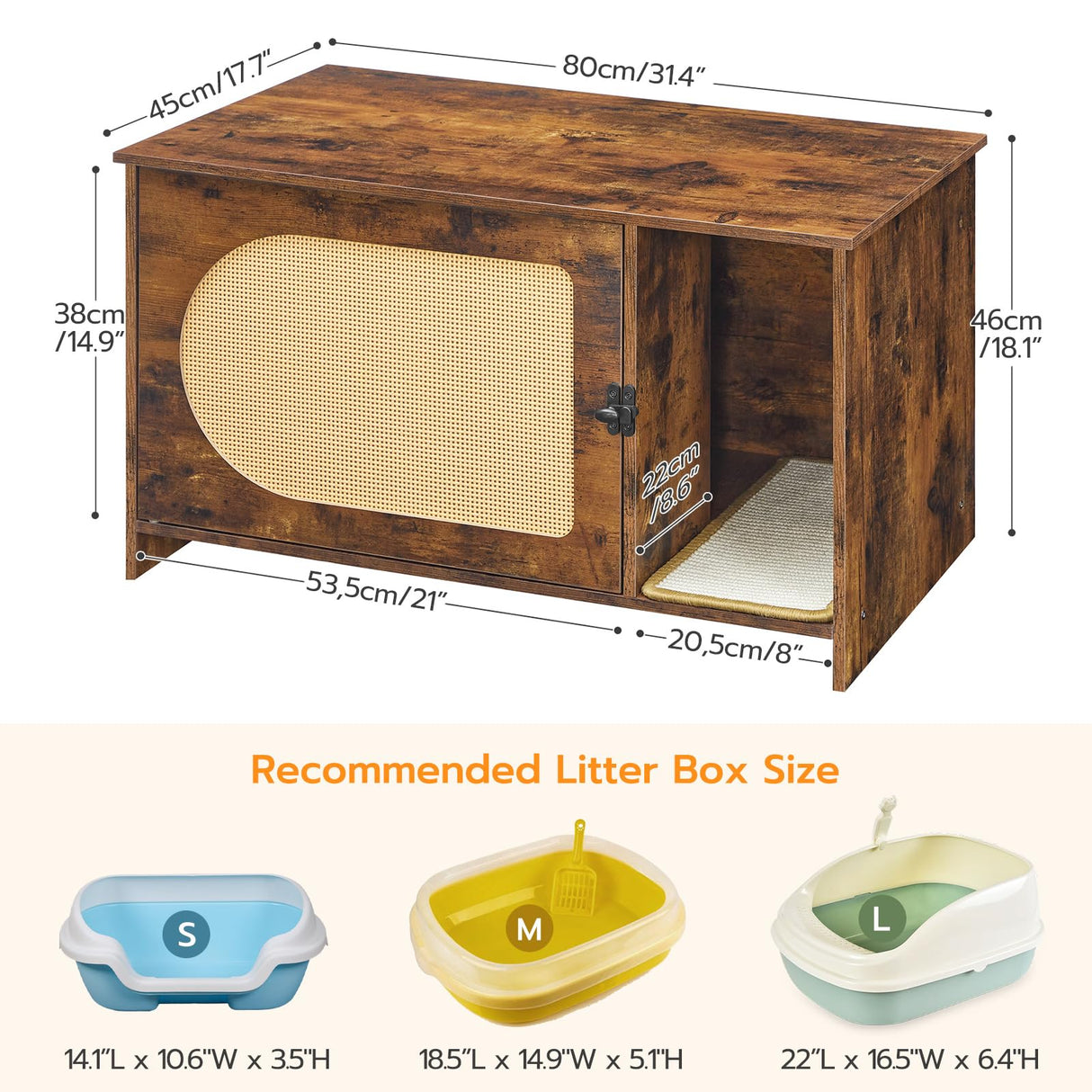 HOOBRO Cat Litter Box Enclosure with Rattan Door, Hidden Litter Box Furniture, Litter Box Enclosure with Adhesive Cat Scratching Mat, Coffee Table, 31.4" L x 17.7" W x 18.1" H, Rustic Brown FY18MW01 HOOBRO