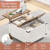Farmhouse Lift Top Coffee Table with Storage, White Coffee Table with Hydraulic Gas Rod, Large Coffee Table with Wood Gourd Feet, Square Coffee Table with Large Hidden Storage for Living Room MaverickFurni