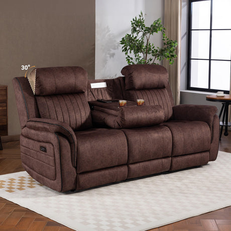 Zero Gravity Power Recliner Sofa Couch – Electric Reclining Sofa with Drop Down Table & Wireless Charging, 3 Seater Dual Reclining Couch with Adjustable Headrests for Living Room (Velvet, Brown) CALIVIA