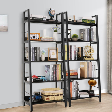 Himimi Black Ladder Bookshelf, 5 Shelf Bookcase Industrial Bookshelf Wood and Metal Bookshelves, Plant Flower Stand Rack Book Storage Shelves for Living Room, Bedroom, Home Office (2 PCS) Himimi